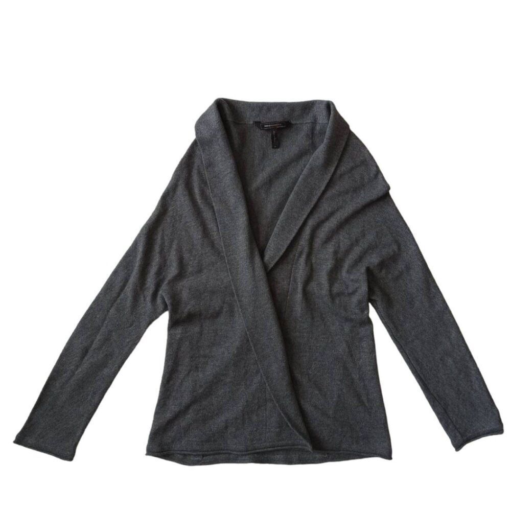 BCBGMaxAzria Solid Grey Long Sleeve Lightweight Wool Blend Minimalist Cardigan